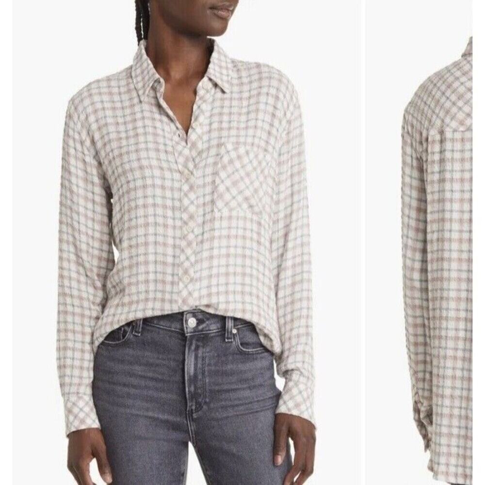 Rails Seersucker Button Up Shirt Pink Gray White Plaid Top Blouse Size Small